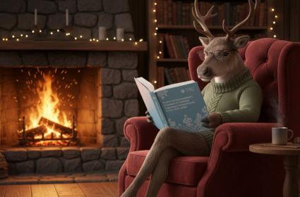 Renifer siedzący w fotelu czyta książkę. W tle kominek z palącym się drewnem