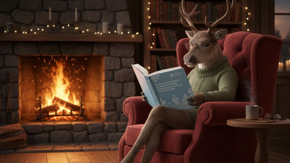 Renifer siedzący w fotelu czyta książkę. W tle kominek z palącym się drewnem