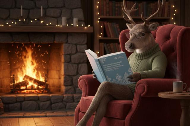 Renifer siedzący w fotelu czyta książkę. W tle kominek z palącym się drewnem