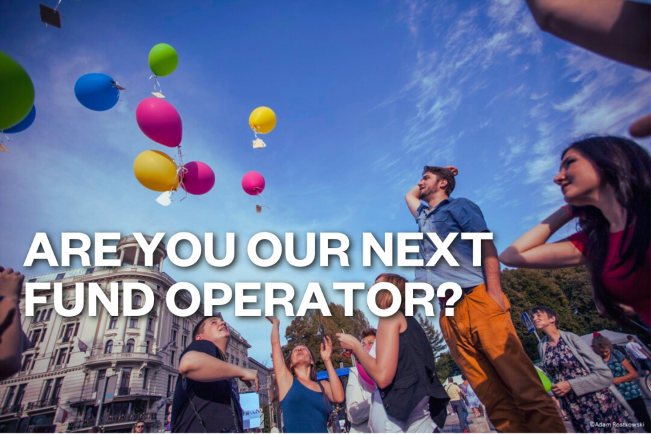 People celebrating with balloons in the air, with text on it saying '"are you our next fund operator?".